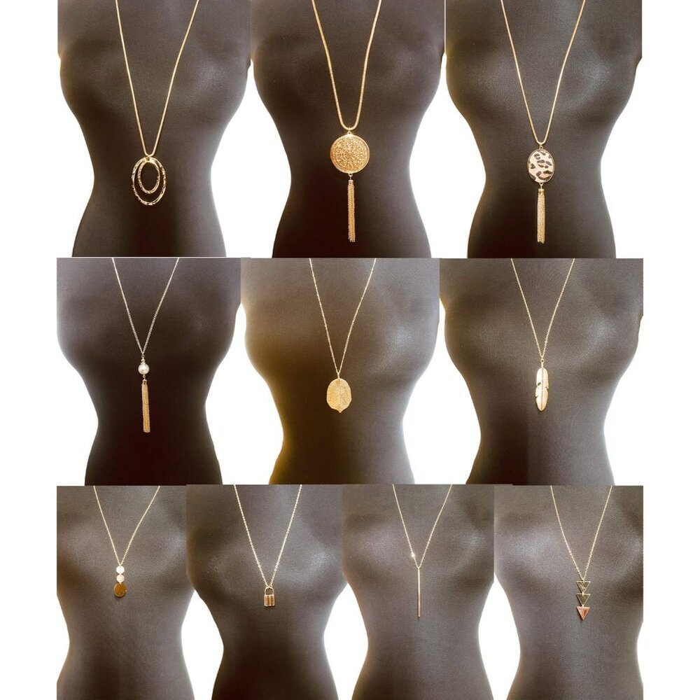10Pcs Long Pendant Necklace Simple Moon Bar Three Triangle Tassel Lock Sweater Y